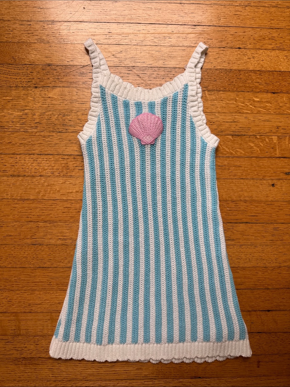 Old Navy Blue & White Striped Knit Tank Dress with Pink Shell Appliqué